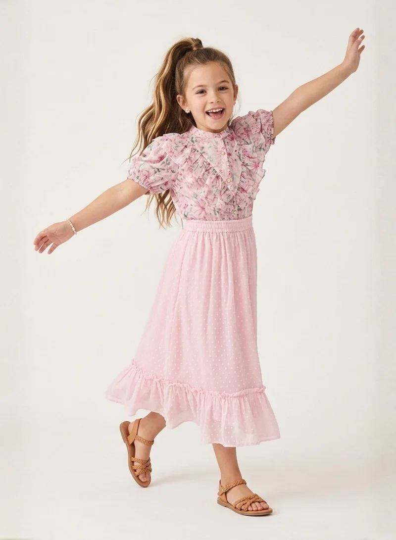 Luxe & Hardy Girls Printed Mandarin Collar Pure Silk Top With Skirt