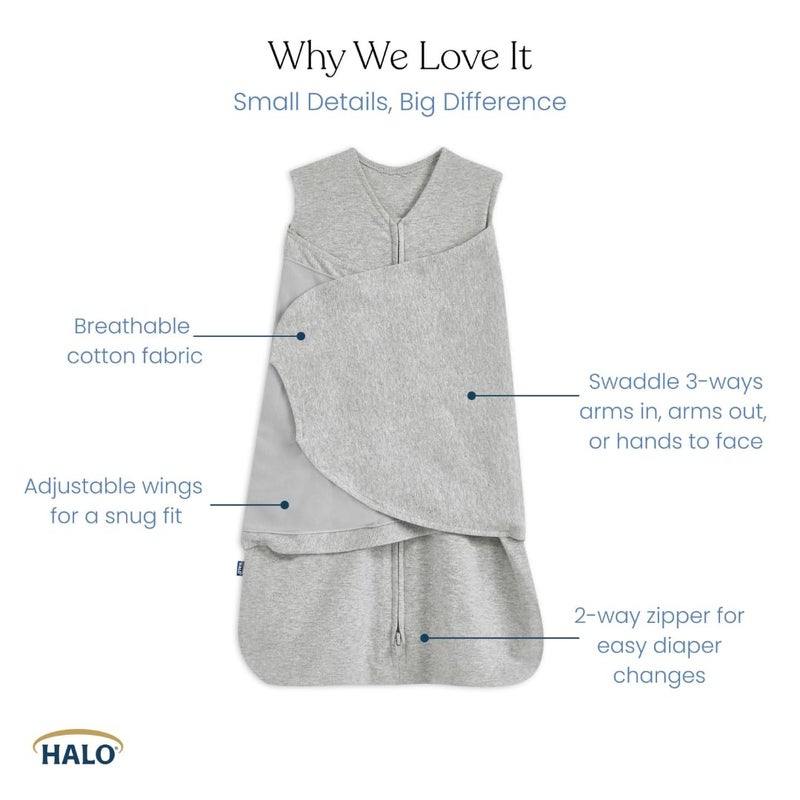 HALO 100% Cotton Sleepsack Swaddle, 3-Way Adjustable Wearable Blanket, TOG 1.5, Heather Gray, Newborn, 0-3 Months - Image 3