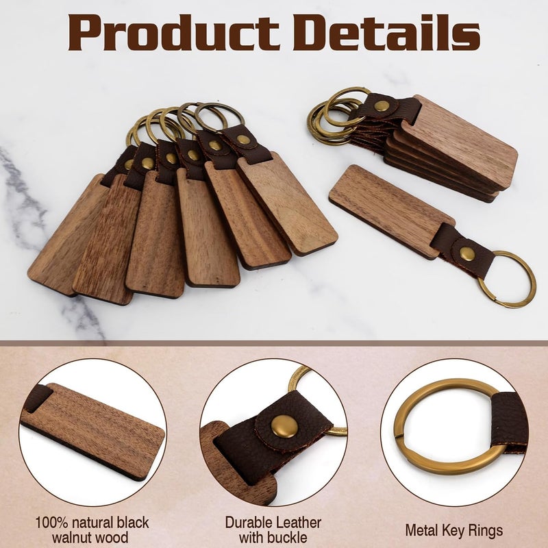 TOTSUN 12PCS Wooden Keychain Blanks with Leather Pendant for DIY Personalization - Image 4