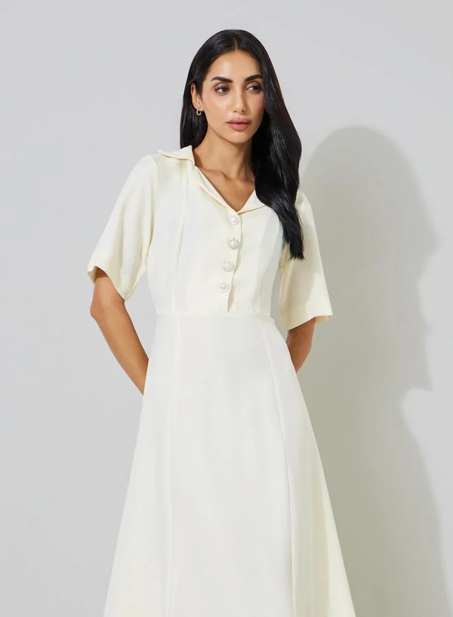 Styli White Short Sleeve Button Detail Shirt Maxi Dress