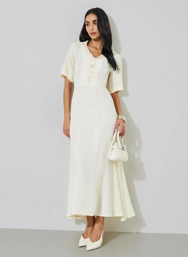 Styli White Short Sleeve Button Detail Shirt Maxi Dress