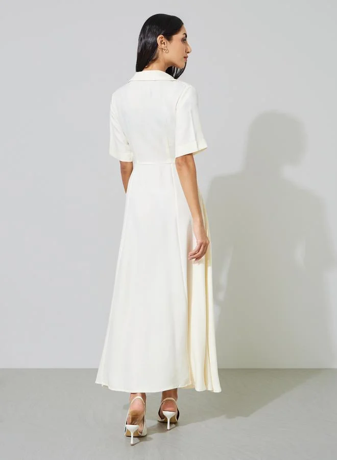 Styli  White Short Sleeve Button Detail Shirt Maxi Dress for Women | Best Price UAE