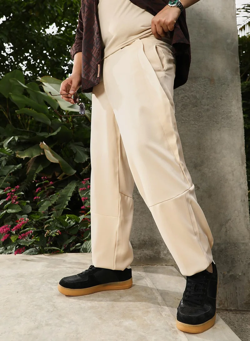 انستافاب بلس Instafab Plus Men's Cream White Twill-Panelled Chino Trousers | Mid Rise , Straight Hem , Button Closure | Solid Twill Polyester Material For Street & Casual Wear