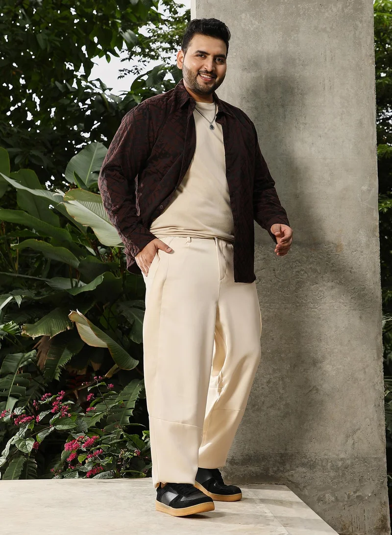 Instafab Plus Men's Cream White Twill-Panelled Chino Trousers بنطلونات | مقاسات كبيرة | يومية | مريحة | كاجوال | للاستخدام اليومي