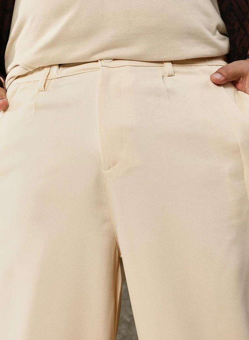 Instafab Plus Men's Cream White Twill-Panelled Chino Trousers بنطلونات | مقاسات كبيرة | يومية | مريحة | كاجوال | للاستخدام اليومي