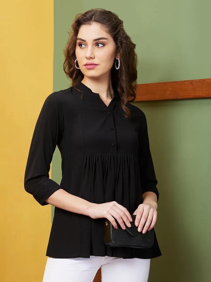 globus Women Black Mandarin Collar Gathered Or Pleated Opaque Casual Top