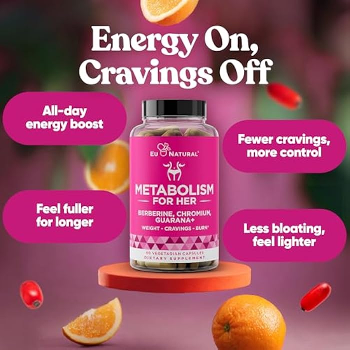 Eu Natural Metabolism for Her - Appetite & Metabolism Support for Women - Curb Cravings, Reduce Caloric Intake & Promote Feelings of Fullness - Berberine, Chromium Picolinate & Guarana - 60 Veg Capsules - Image 3