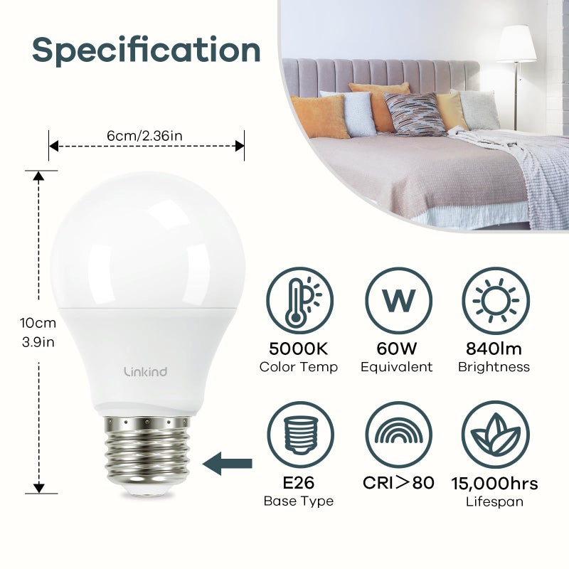 Linkind A19 LED Light Bulb, 60W Equivalent Light Bulbs, 8.5W 5000K Daylight, 840 Lumens Non-Dimmable LED Bulb, E26 Standard Base, Energy Efficient, 6-Pack - Image 2