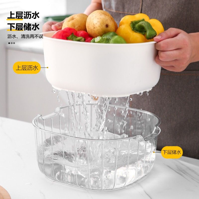 Square Thickened Double-Layer Vegetable Washing Basin Draining Basket Kitchen Household Plastic Fruit Storage Plate Living Room Vegetable Preparation Washing Basket - Image 5