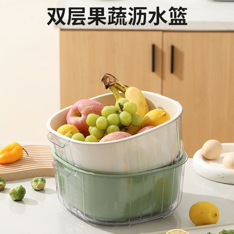 Square Thickened Double-Layer Vegetable Washing Basin Draining Basket Kitchen Household Plastic Fruit Storage Plate Living Room Vegetable Preparation Washing Basket - Image 3