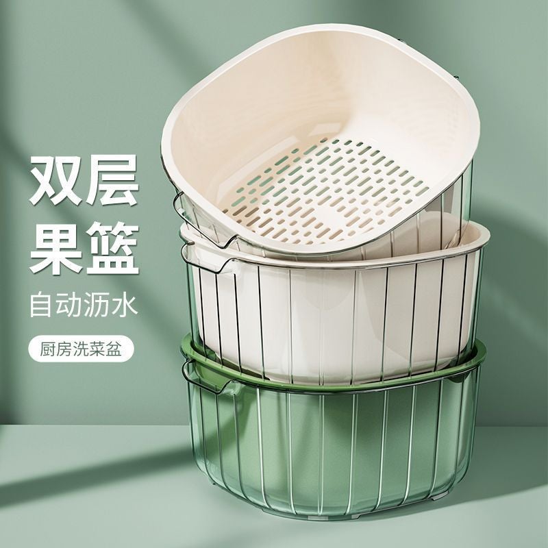 Square Thickened Double-Layer Vegetable Washing Basin Draining Basket Kitchen Household Plastic Fruit Storage Plate Living Room Vegetable Preparation Washing Basket - Image 2