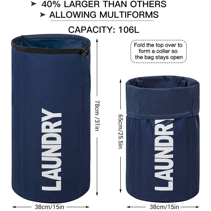 WOWLIVE Extra Large Foldable Laundry Bag Durable Laundry Basket Collapsible Laundry Hamper Backpack Laundry LinerDirty Clothes Hamper Standing Waterproof Hampers for Laundry Dorm Room(Dark blue) - Image 2