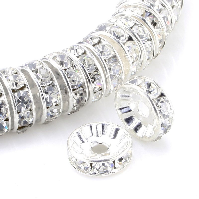 Allb 100Pcs Rondelle Spacer Beads 10mm Silver Plated Czech Crystal Rhinestone for Jewelry Making Loose Beads for Bracelets