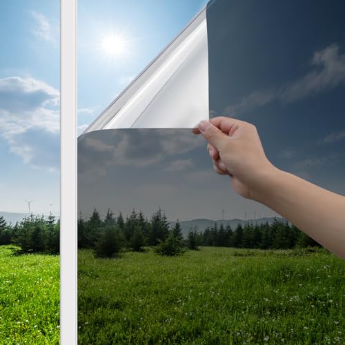 Haton Window Privacy Film One Way Window Tint for Home Sun UV Blocking Reflective Mirror Film Heat Control No Glue Static Cling See Out Not in Glass Door Covering Black Silver 175 x 787