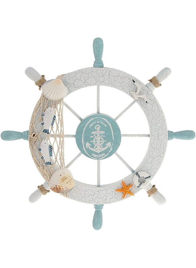 Rienar Nautical Beach Wooden Boat Ship Steering Wheel Fishing Net Shell Home Wall Decor White - Fish - Image 1