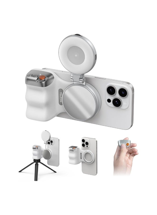 TELESIN Magnetic Phone Grip with Wireless Shutter & 3-Color Ring Light – DSLR-Style Handle, Built-in Mirror, Adjustable Height, USB Rechargeable, Portable Vlogging Kit for iPhone & Android - Image 1