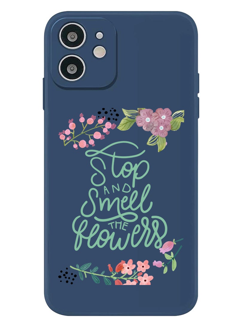 Theodor Protective Slim Fit Case Liquid Silicone Cover with Full Body Protection Anti-Scratch Shockproof Case For iPhone 12 Blue  - Stop & Smell Flowers - Image 1