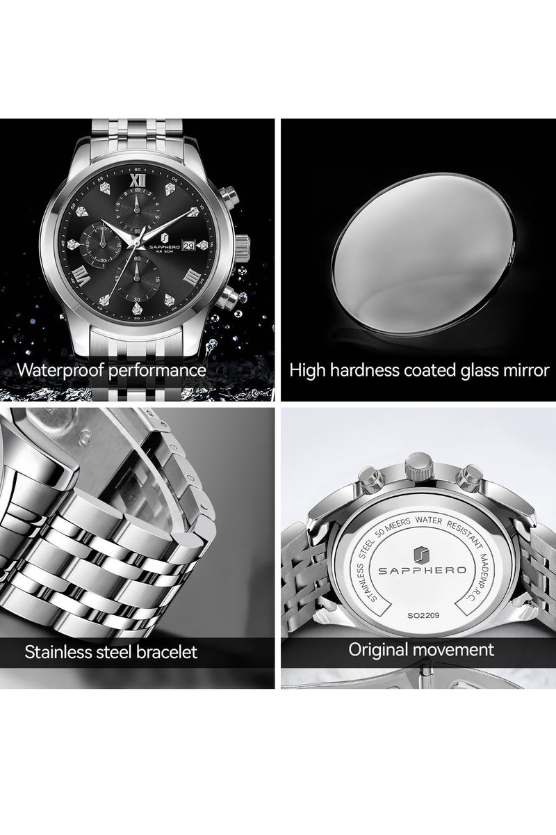 SAPPHERO Round Stainless Steel Watch for Men, 50M Waterproof Luminous Stylish Mens Gift Wristwatch with Date Display and Analog Quartz Design - Image 4