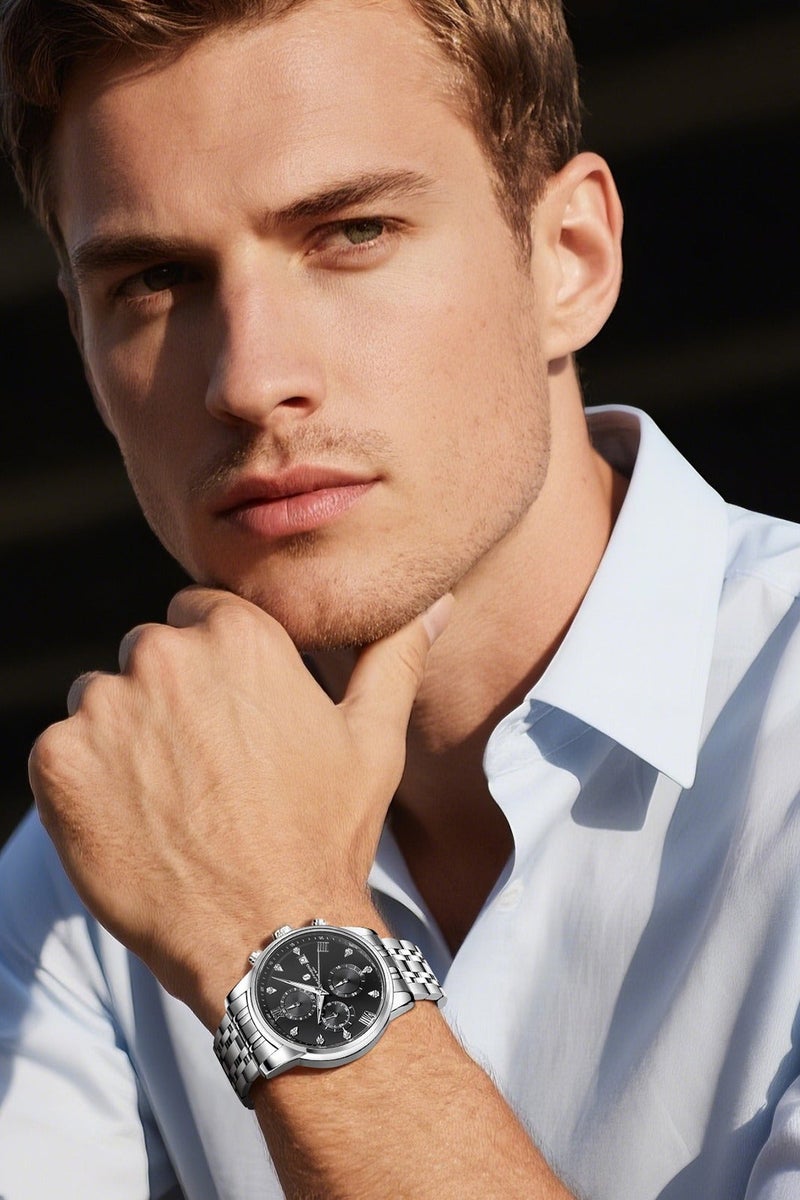 SAPPHERO Round Stainless Steel Watch for Men, 50M Waterproof Luminous Stylish Mens Gift Wristwatch with Date Display and Analog Quartz Design - Image 2