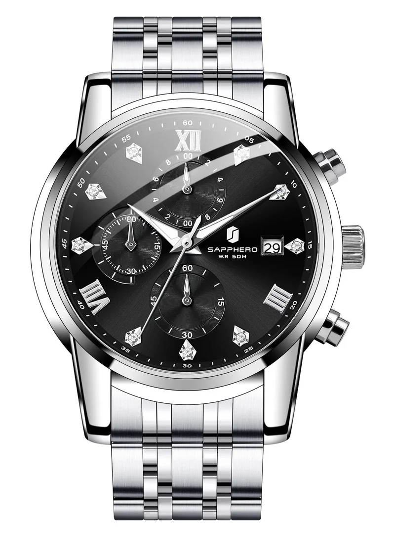 Sapphero  SAPPHERO Round Stainless Steel Watch for Men, 50M Waterproof Luminous Stylish Mens Gift Wristwatch with Date Display and Analog Quartz Design for Men | Best Price UAE