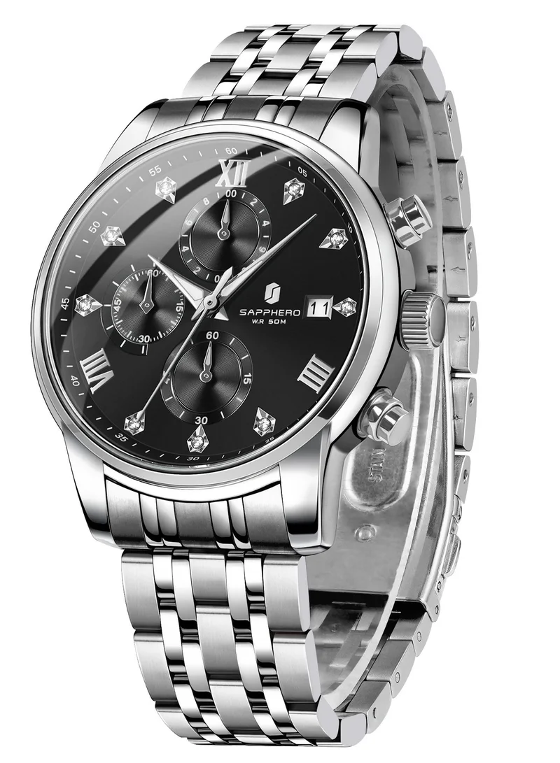 SAPPHERO Round Stainless Steel Watch for Men, 50M Waterproof Luminous Stylish Mens Gift Wristwatch with Date Display and Analog Quartz Design