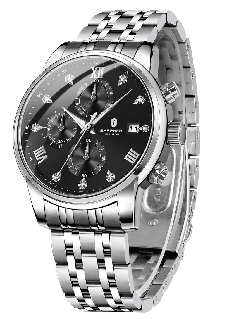 SAPPHERO Round Stainless Steel Watch for Men, 50M Waterproof Luminous Stylish Mens Gift Wristwatch with Date Display and Analog Quartz Design - Image 1