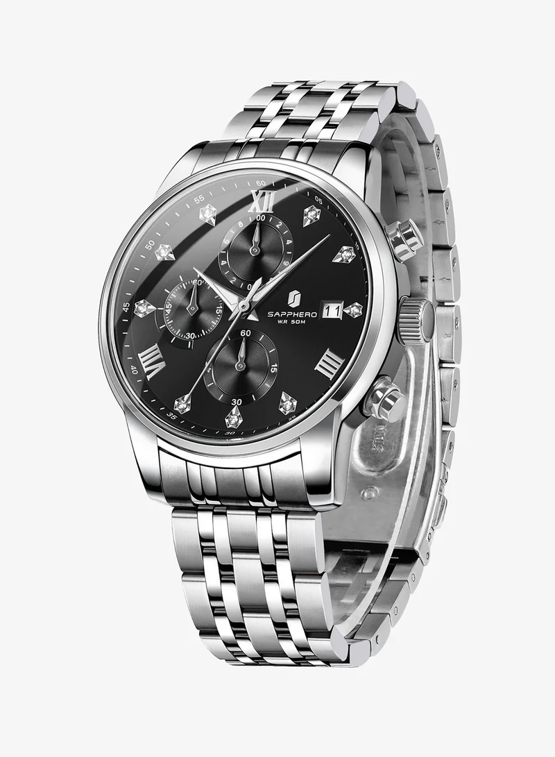 Sapphero SO2209 sliver black SAPPHERO Round Stainless Steel Watch for Men, 50M Waterproof Luminous Stylish Mens Gift Wristwatch with Date Display and Analog Quartz Design for Men | Best Price UAE