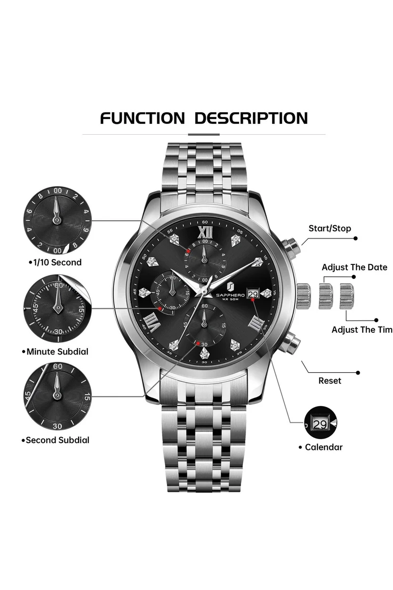 Sapphero SO2209 sliver black SAPPHERO Round Stainless Steel Watch for Men, 50M Waterproof Luminous Stylish Mens Gift Wristwatch with Date Display and Analog Quartz Design for Men | Best Price UAE