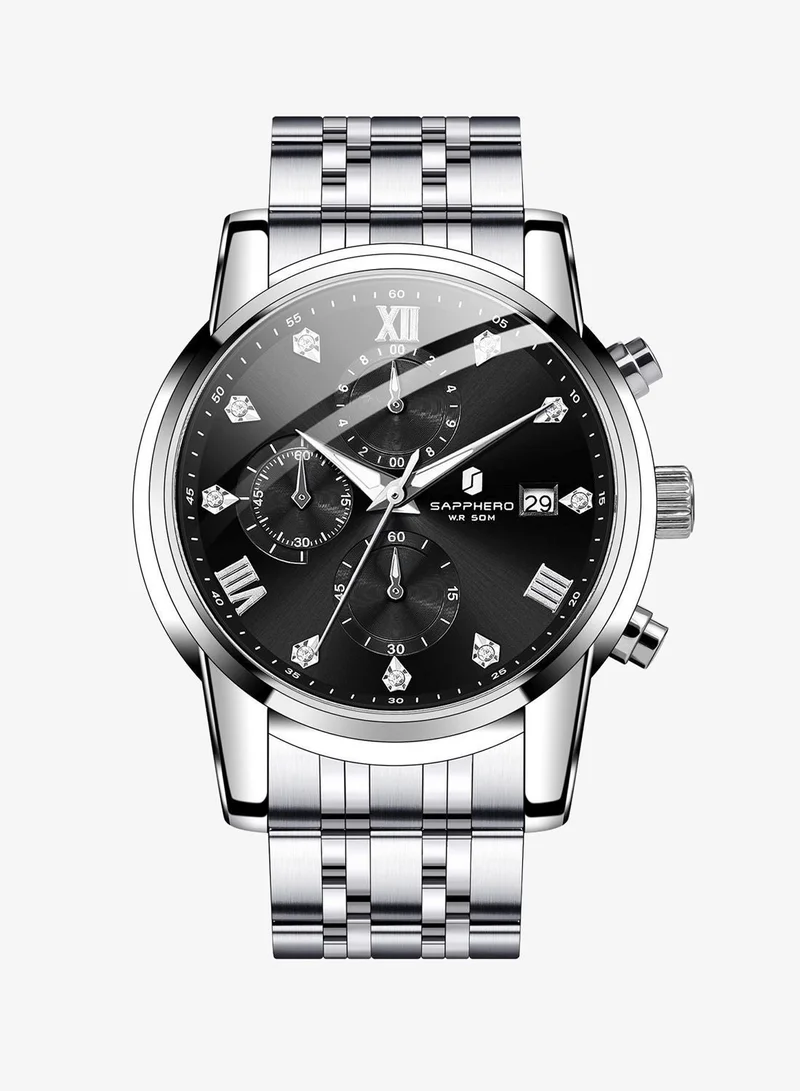 Sapphero SO2209 sliver black SAPPHERO Round Stainless Steel Watch for Men, 50M Waterproof Luminous Stylish Mens Gift Wristwatch with Date Display and Analog Quartz Design for Men | Best Price UAE