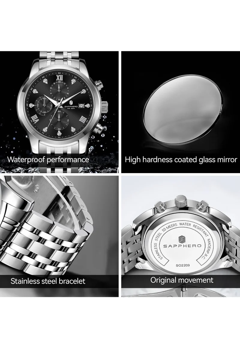 Sapphero SO2209 sliver black SAPPHERO Round Stainless Steel Watch for Men, 50M Waterproof Luminous Stylish Mens Gift Wristwatch with Date Display and Analog Quartz Design for Men | Best Price UAE