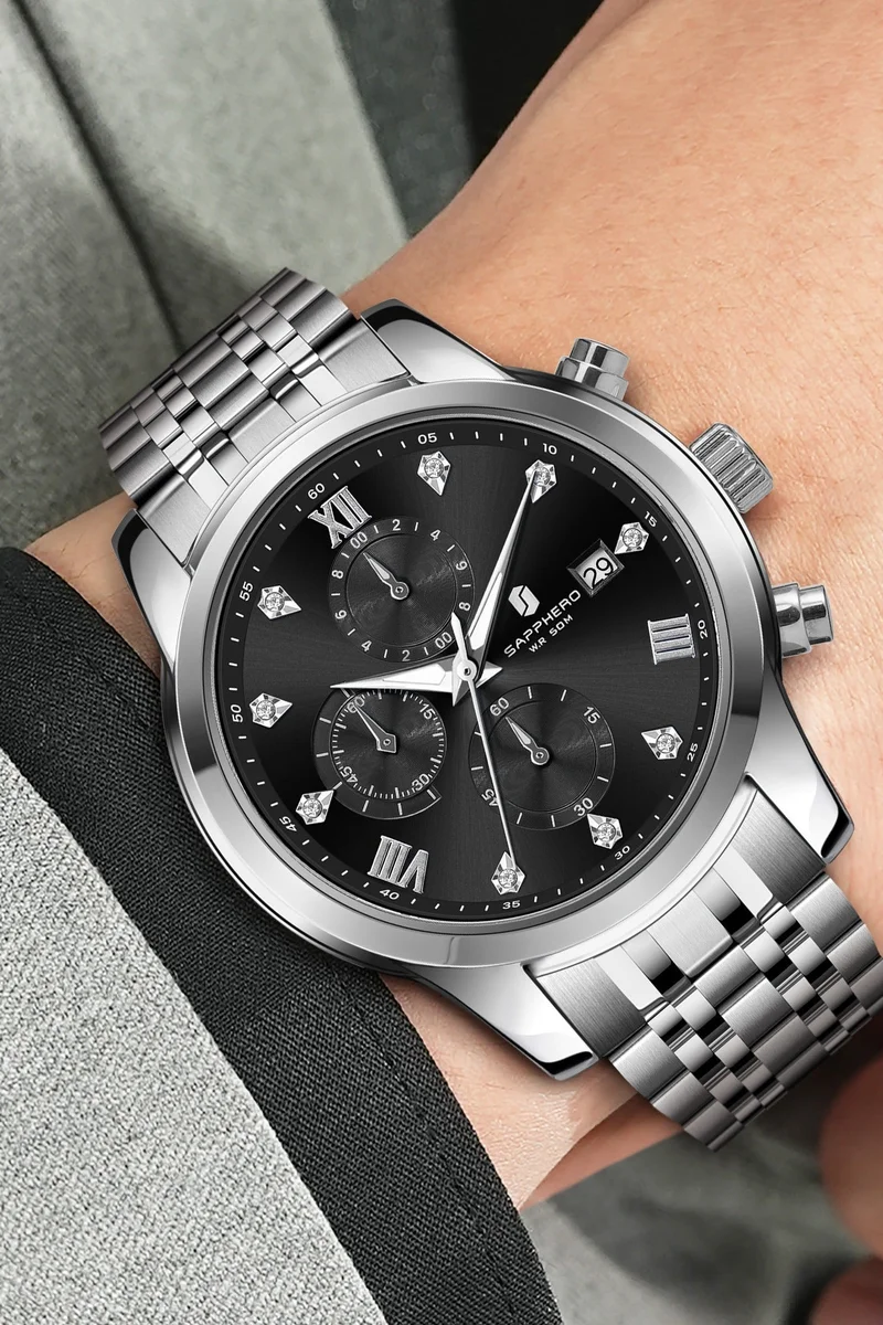 Sapphero SO2209 sliver black SAPPHERO Round Stainless Steel Watch for Men, 50M Waterproof Luminous Stylish Mens Gift Wristwatch with Date Display and Analog Quartz Design for Men | Best Price UAE