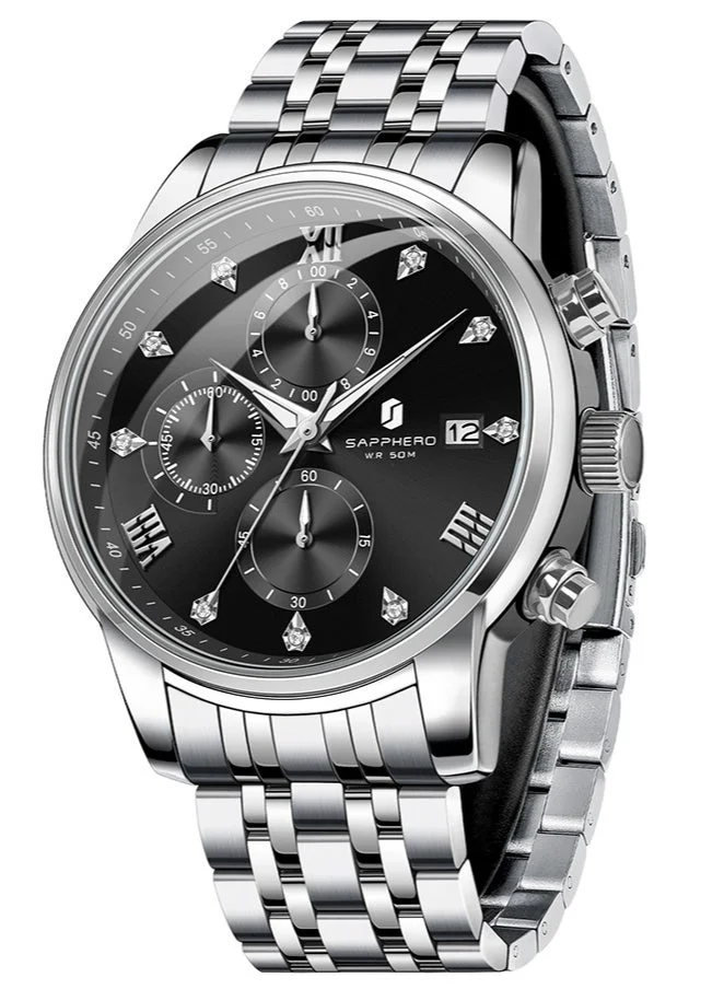 Sapphero SAPPHERO Round Stainless Steel Watch for Men, 50M Waterproof Luminous Stylish Mens Gift Wristwatch with Date Display and Analog Quartz Design
