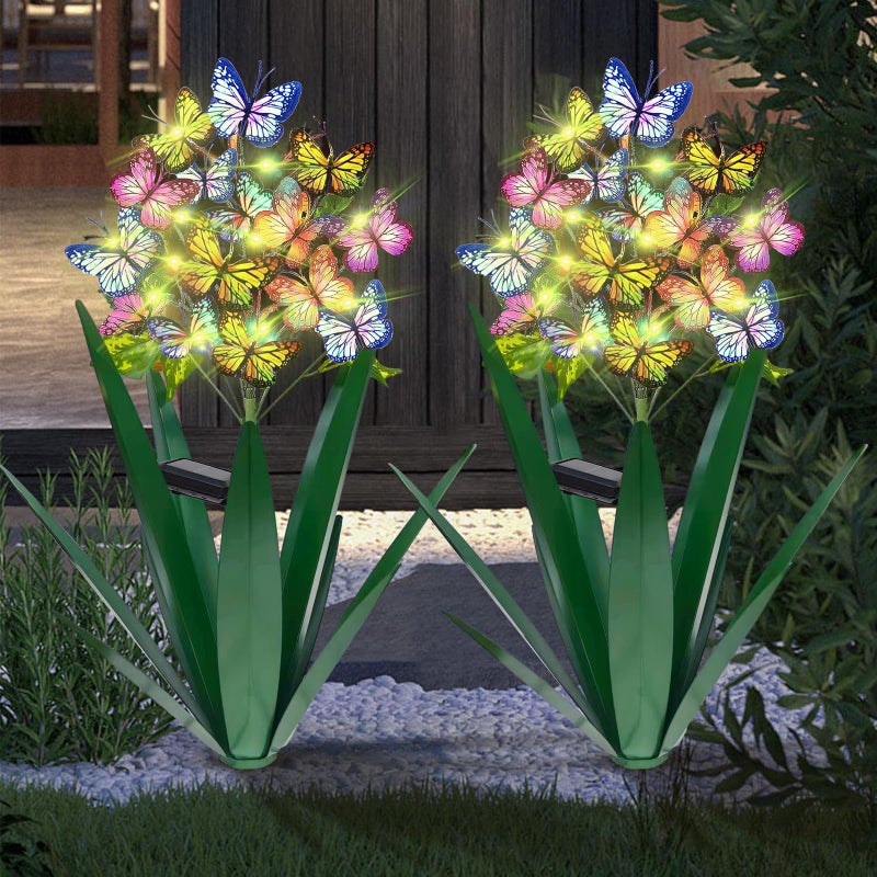 Homight Solar Metal Agave Butterfly Flower Stick Garden Sculpture - Outdoor Gift, Christmas Lights, Swaying Butterfly Sunflower Lights - Solar Outdoor (2 pcs Green) - Image 1