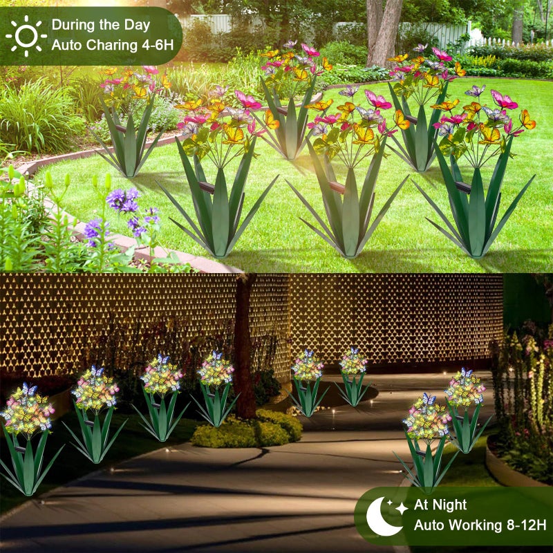 Homight Solar Metal Agave Butterfly Flower Stick Garden Sculpture - Outdoor Gift, Christmas Lights, Swaying Butterfly Sunflower Lights - Solar Outdoor (2 pcs Green) - Image 3