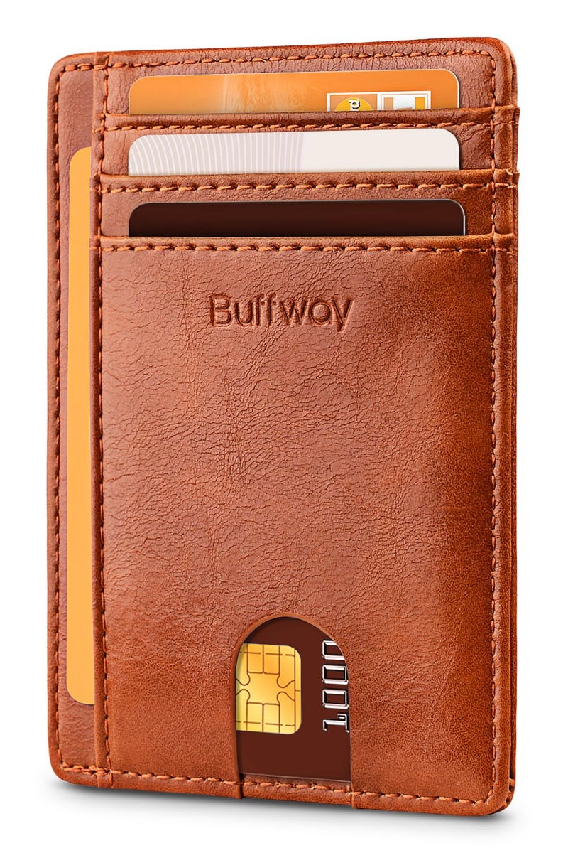 Buffway Slim Minimalist Front Pocket RFID Blocking Leather Wallets for Men and Women - Alaska Brown - Image 1