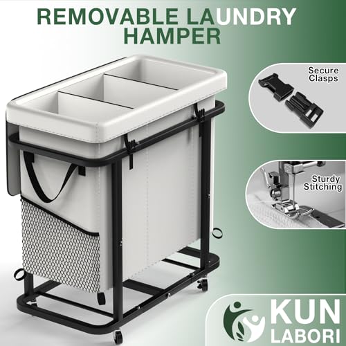 kunlabori 60 Gal(230L) High Grade Large Laundry Basket with Wheels, Rolling Laundry Hamper, Laundry Cart with Metal Frame and Removable Bag Design, Suitable for Laundry Room,Bedroom (White, 3 Section 230L) - Image 5