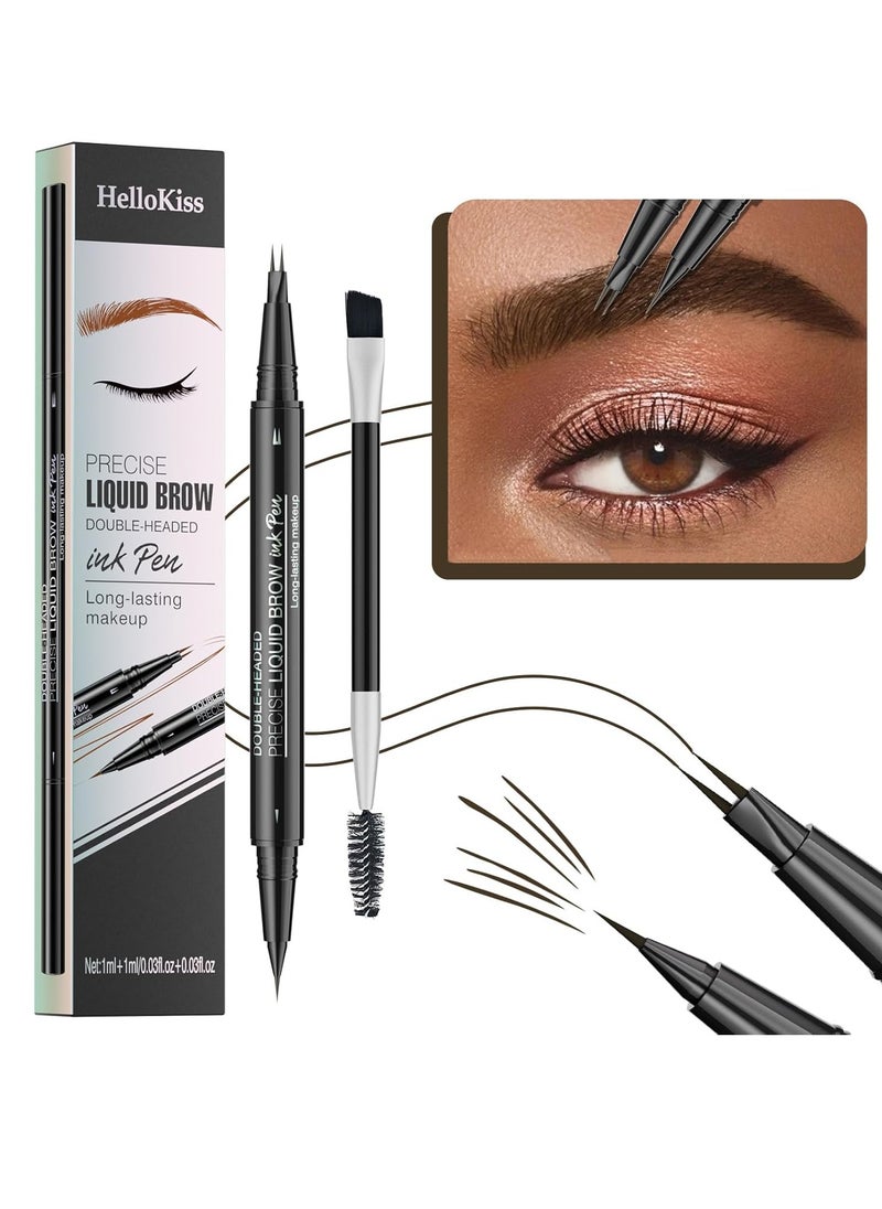 HelloKiss - Precise Liquid Eyebrow Pen with Brush Double Headed Ink Pen 2 Tip Microblading Brow Pen Curved Eyebrow Pencil, 2 Fork Tip Eye Pen Waterproof Long Lasting Ink Pen Black Brown 04 - Image 1