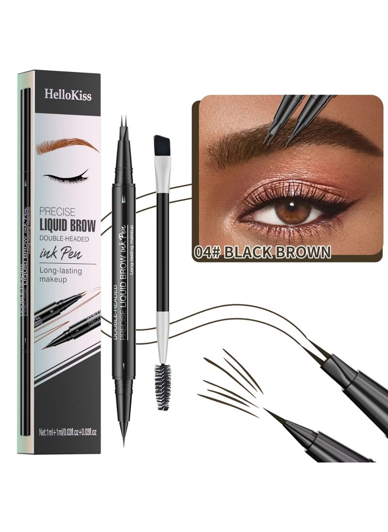 HelloKiss - Precise Liquid Eyebrow Pen with Brush Double Headed Ink Pen 2 Tip Microblading Brow Pen Curved Eyebrow Pencil, 2 Fork Tip Eye Pen Waterproof Long Lasting Ink Pen Black Brown 04 - Image 1