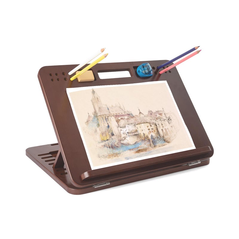 StrongTek 6Position Bamboo Table Easel 16x12 Inch Adjustable Drawing and Sketching Board with Builtin Handle and Back Storage Portable Art and Lap Desk for Sketching Reading and Book Stand