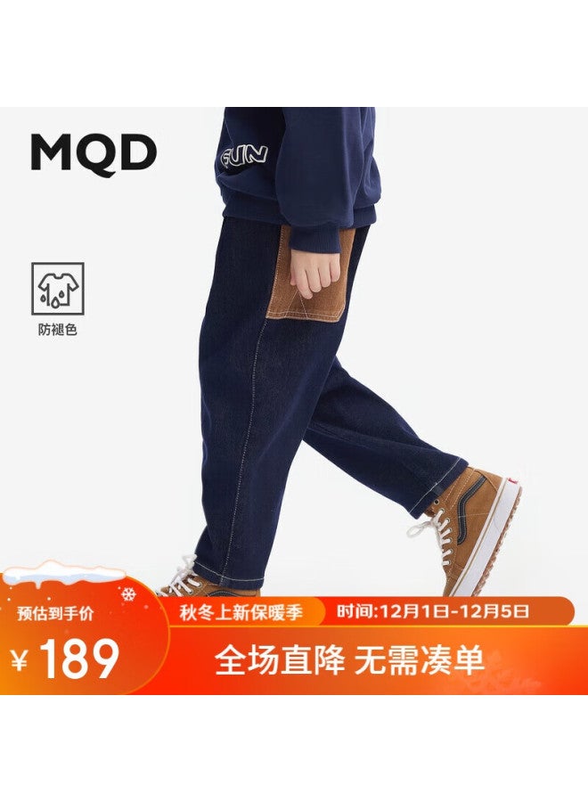 Mqd Mqd Boys' Anti-fading Jeans, Winter Style, Children's Warm Dad Pants, Dark Denim Blue, Size 170 - Image 1
