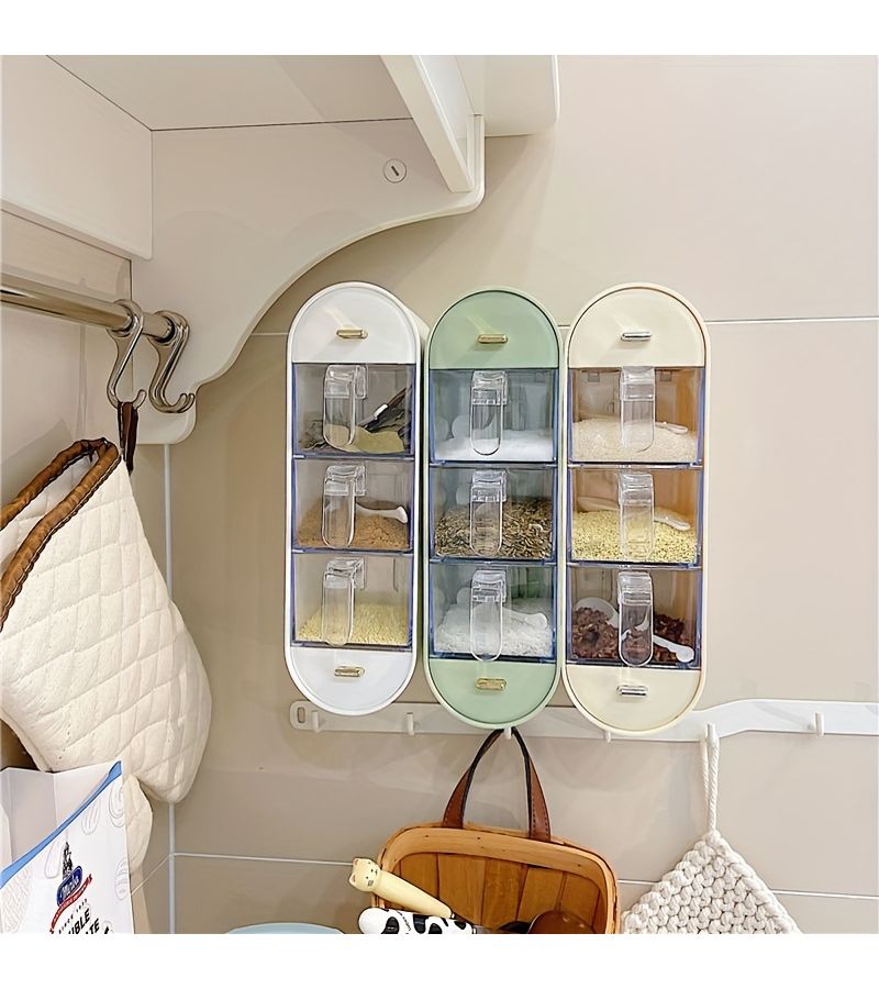 Milky White Wall Mounted Spice Box 5 Grid No Punching Kitchen Storage Set - Image 1