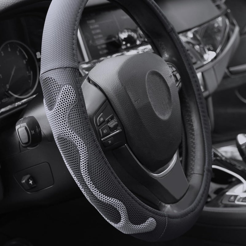 Elantrip Leather Steering Wheel Cover Great Grip with 3D Honeycomb Anti-Slip Design, Universal 14.5-15 Inch Car Wheel Protector Black and Gray - Image 3