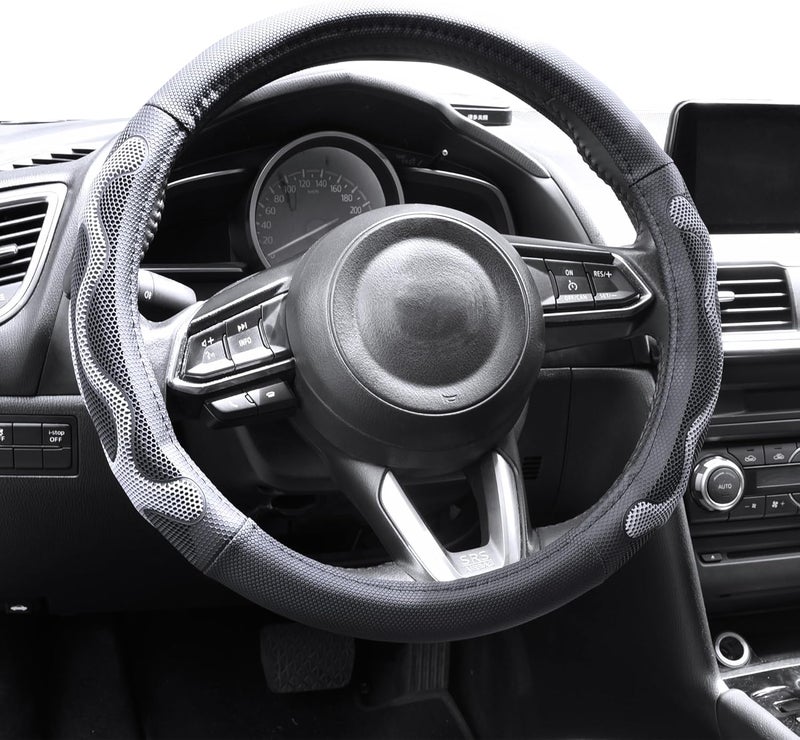 Elantrip Leather Steering Wheel Cover Great Grip with 3D Honeycomb Anti-Slip Design, Universal 14.5-15 Inch Car Wheel Protector Black and Gray - Image 1