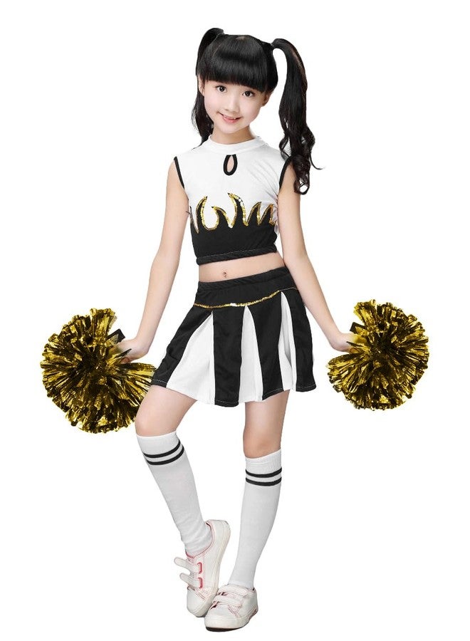 LOLANTA Little Girls' Halloween Cheerleader Costume Crop Tank Pleated Skirt Set Cheer Outfit with Pom Pom(Black, 6-7) - Image 2