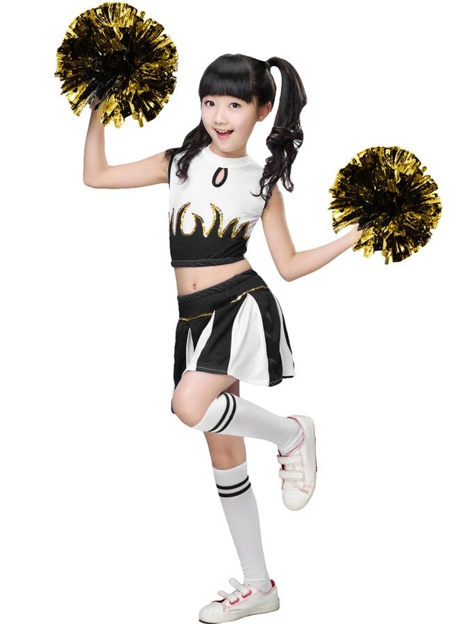 LOLANTA Little Girls' Halloween Cheerleader Costume Crop Tank Pleated Skirt Set Cheer Outfit with Pom Pom(Black, 6-7) - Image 1