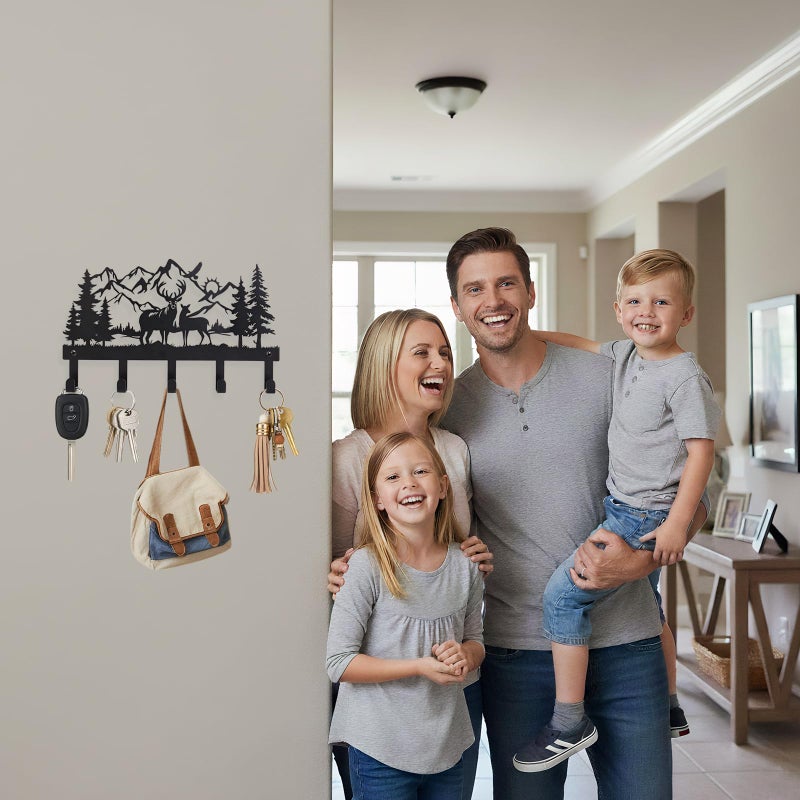 SIFZYJGN Deer Mountain Metal Key Holder Wall Mount Key Holder for Wall Rustic Cabin Decor Key Rack Hooks Hanger Woodland Wildlife Wall Art Entryway Organizer Housewarming Hunting Gifts - Image 2