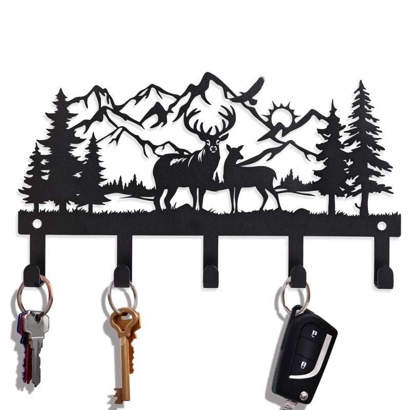 SIFZYJGN Deer Mountain Metal Key Holder Wall Mount Key Holder for Wall Rustic Cabin Decor Key Rack Hooks Hanger Woodland Wildlife Wall Art Entryway Organizer Housewarming Hunting Gifts - Image 1