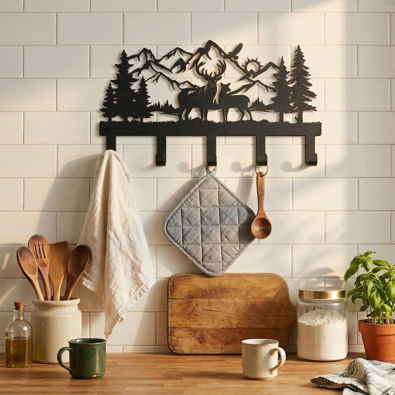 SIFZYJGN Deer Mountain Metal Key Holder Wall Mount Key Holder for Wall Rustic Cabin Decor Key Rack Hooks Hanger Woodland Wildlife Wall Art Entryway Organizer Housewarming Hunting Gifts - Image 3