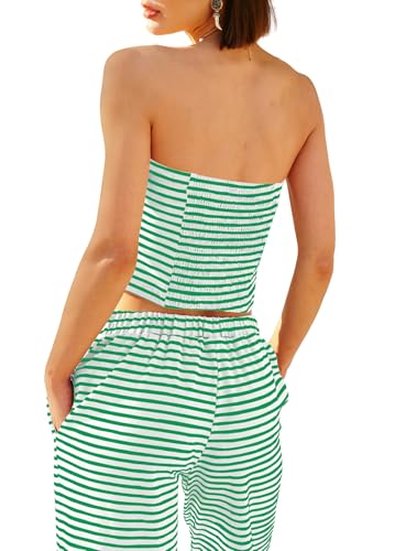 Panadila Womens Striped Two Piece Sets Summer Lounge Outfits Sailor Tube Top and Pants Matching Set Beach Vacation Travel Y2k (Green Combo,M) - Image 3