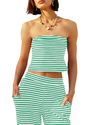 Panadila Womens Striped Two Piece Sets Summer Lounge Outfits Sailor Tube Top and Pants Matching Set Beach Vacation Travel Y2k (Green Combo,M) - Image 2